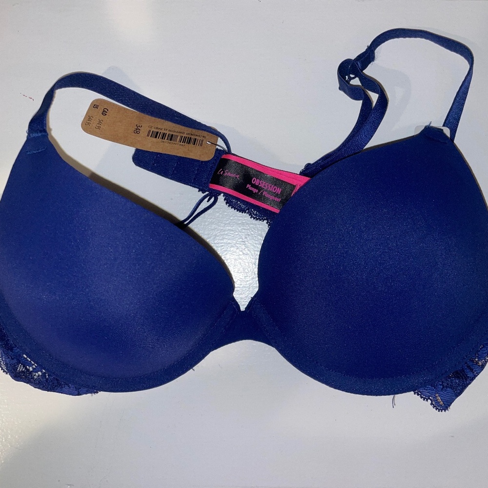 NWT La SENZA Obsession Push-Up Plunge Bra with Lace Wings | 34B - Dark Blue